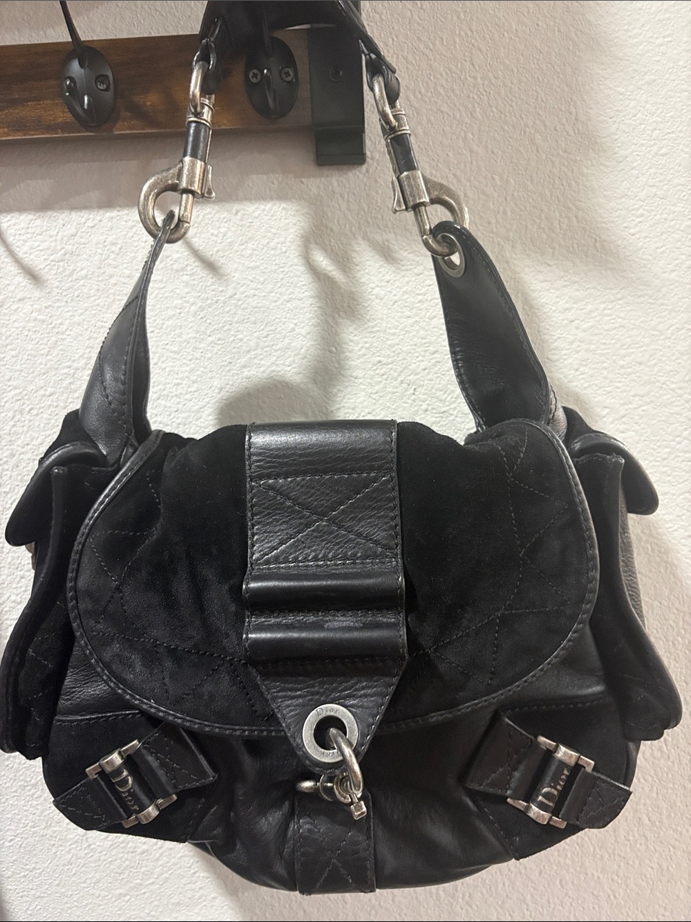 Dior Black Suede & Leather Shoulder Bag with Silver Hardware